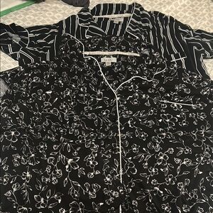 3 Piece Nicole Miller Black and White Floral Stripes Pajama Set - XXL